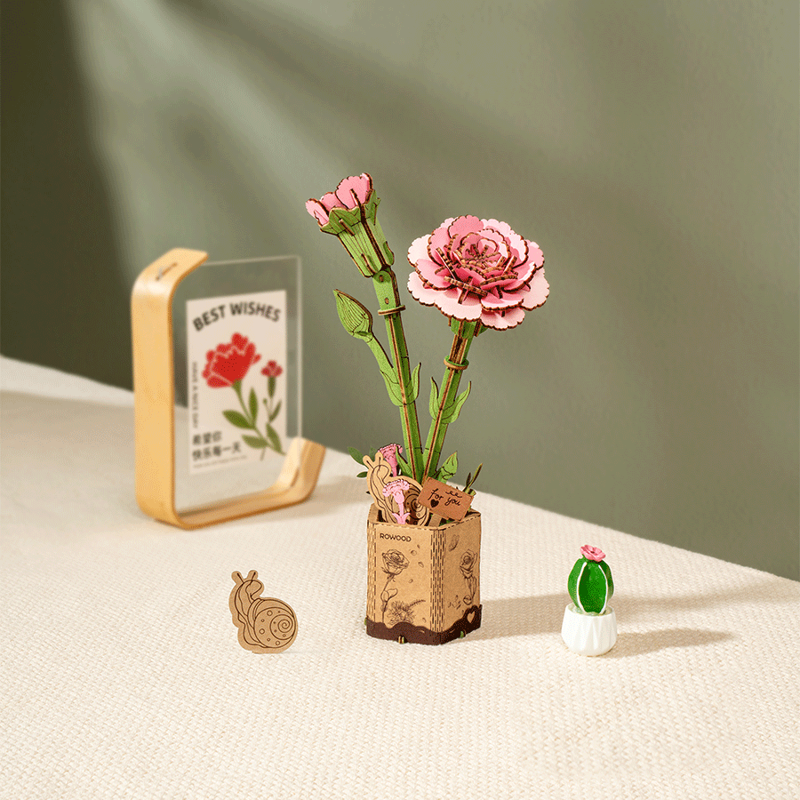 Rowood Wooden Flower 3D Wooden Puzzle Pink Carnation
