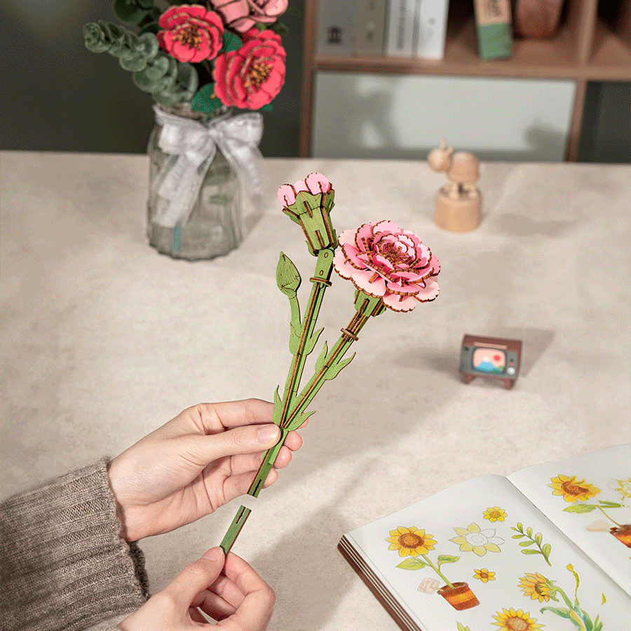 Rowood Wooden Flower 3D Wooden Puzzle Pink Carnation