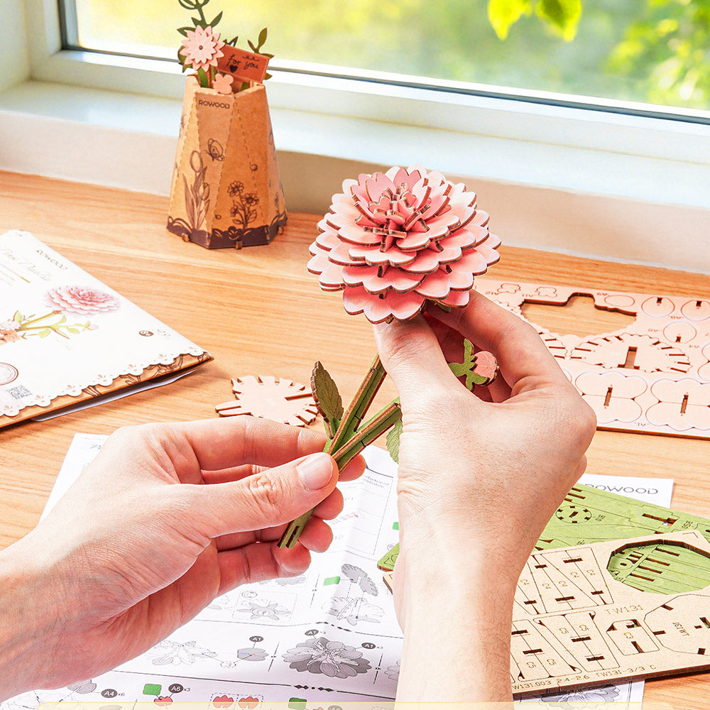 Rowood Wooden Flower 3D Wooden Puzzle Pink Dahlia