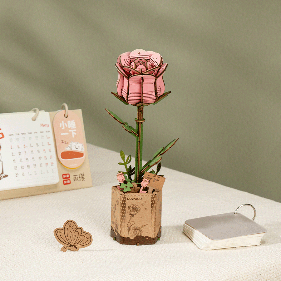 Rowood Wooden Flower 3D Wooden Puzzle Pink Rose